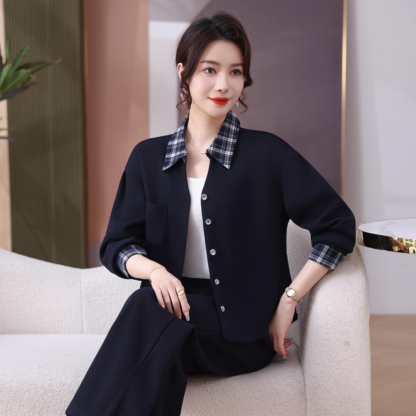 

Women s Plaid Patchwork Lapel Sportswear Set: Spring 2026 Two-Piece with Straight Leg Pants XL королевский синий