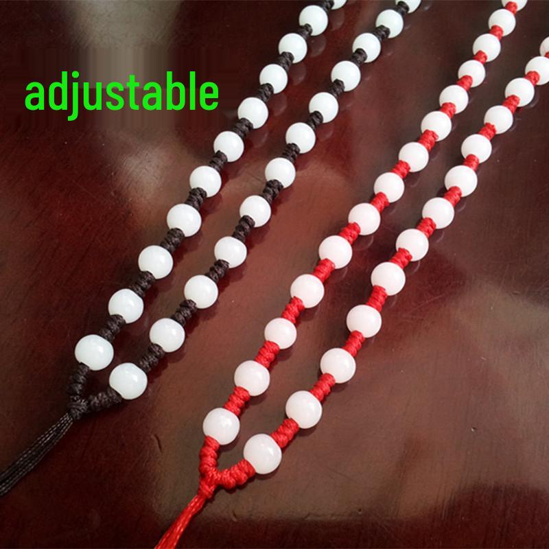 Handwoven Jade Pendant Necklace with White Round Bead Retractable Rope