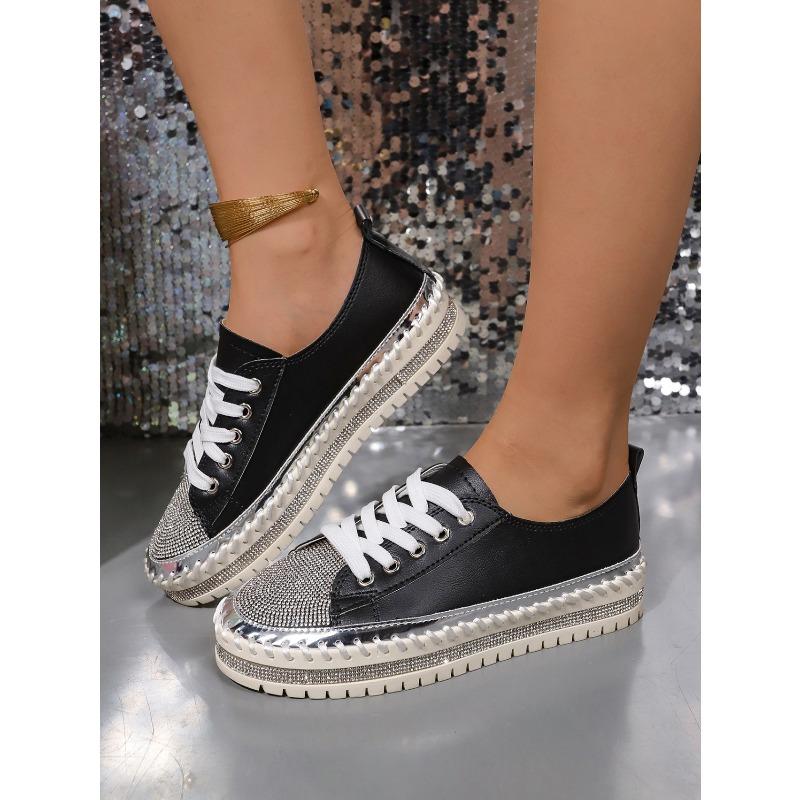 Women's Casual Shoes, Sizes 35-43 Flat-Soled, Diamond-Studded Lace-Up Sneakers Thick-Soled White Sneakers Women's Athletic Slip-Ons