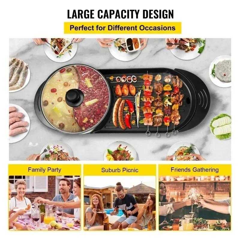Pot Barbecue Électrique 2200W 2-en-1 Fondue et Barbecue Sans Fumée Chauffage Rapide et Uniforme Contrôle Indépendant de la Double Température