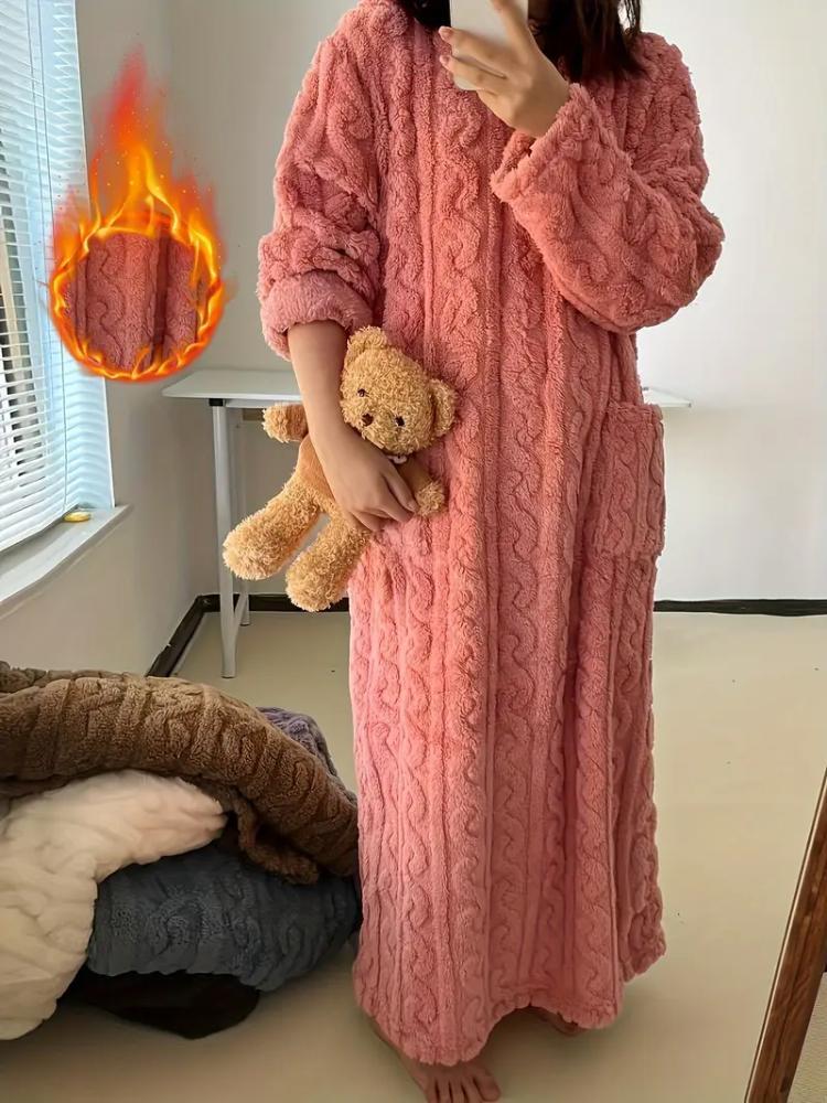 

Женская ночная рубашка с длинным рукавом из кораллового флиса - Утепленная, плотная, зимняя, теплая пижама-халат с карманами, плюшевая, мягкая, удобная, прочная ночная сорочка L розовый