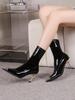 Fashion Metal pointed high-heeled short boots for women new single boots, slim heels, sexy nude boots, elastic patent leather slim boots