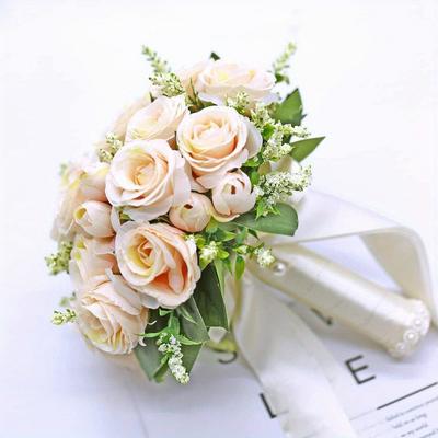 Buchet de Nuntă Șampanie 9.8in pentru Mireasă Domnișoară de Onoare Buchet cu Trandafiri Artificiali pentru Nuntă Biserică Decorațiuni Casă, Cadouri