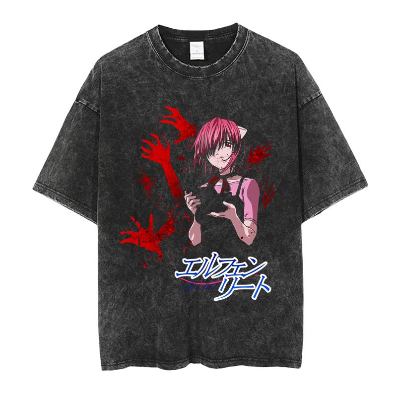 Elfen Lied Lucy Manga Graphic T-shirt Vintage Washed Oversized T Shirt Men's Women's Clothing Pure Cotton