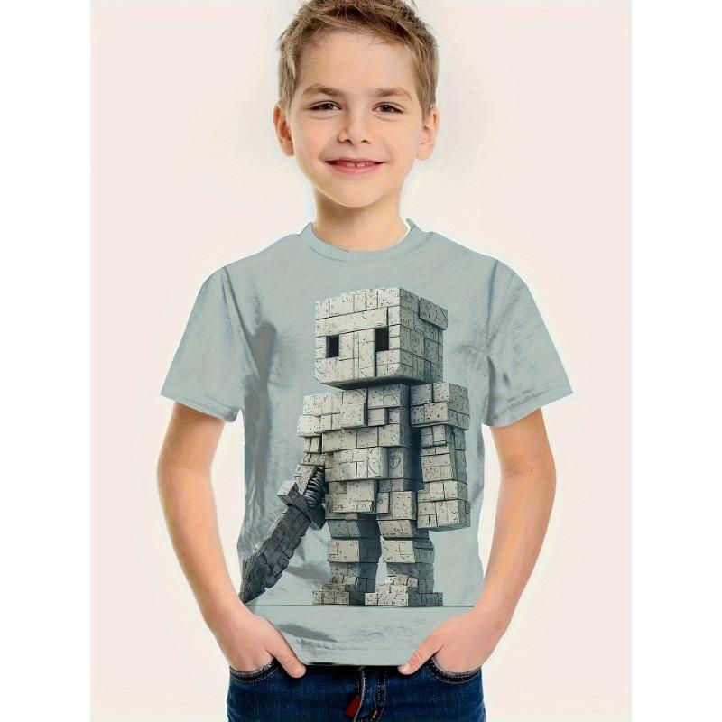 3D Printed Game Player T-Shirt for Boys - Vibrant pixel game design, short-sleeved round-neck,