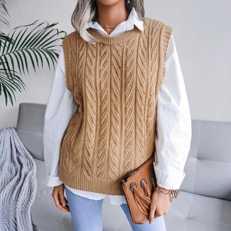 Women Crew Neck Sleeveless Knit Sweater Solid Color Tank Top Cutout Leaf Design Fall Winter Sizes S-L