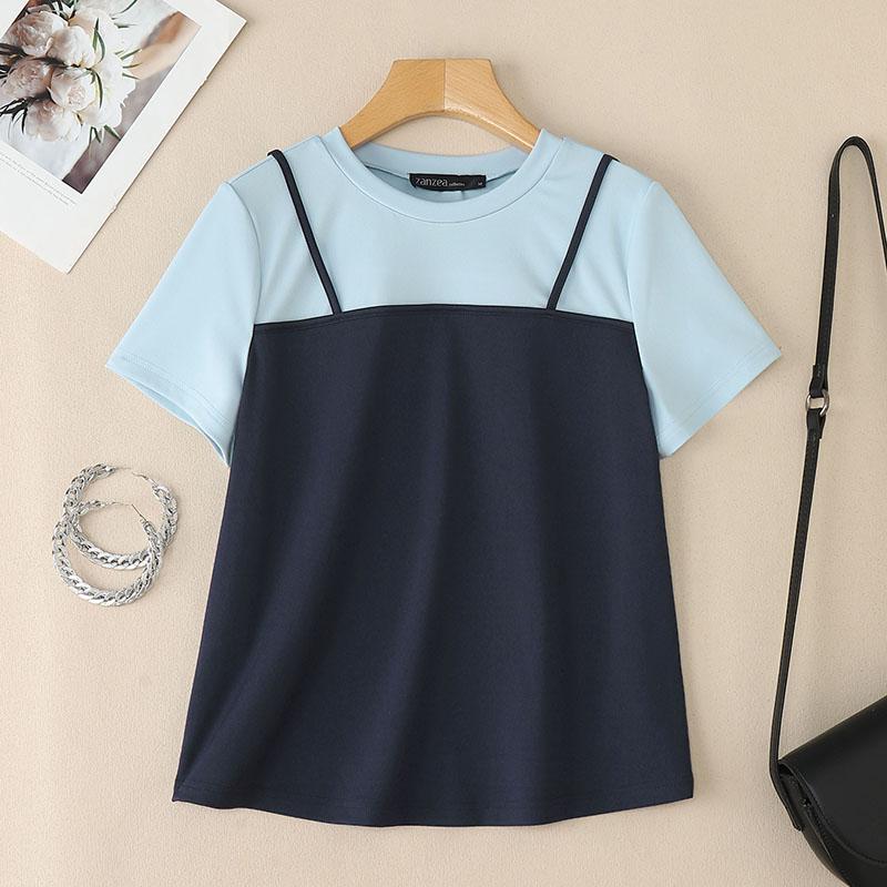 

ZANZEA Women Casual Round Neck Patchwork Short Sleeve T-shirt S Темно-синій