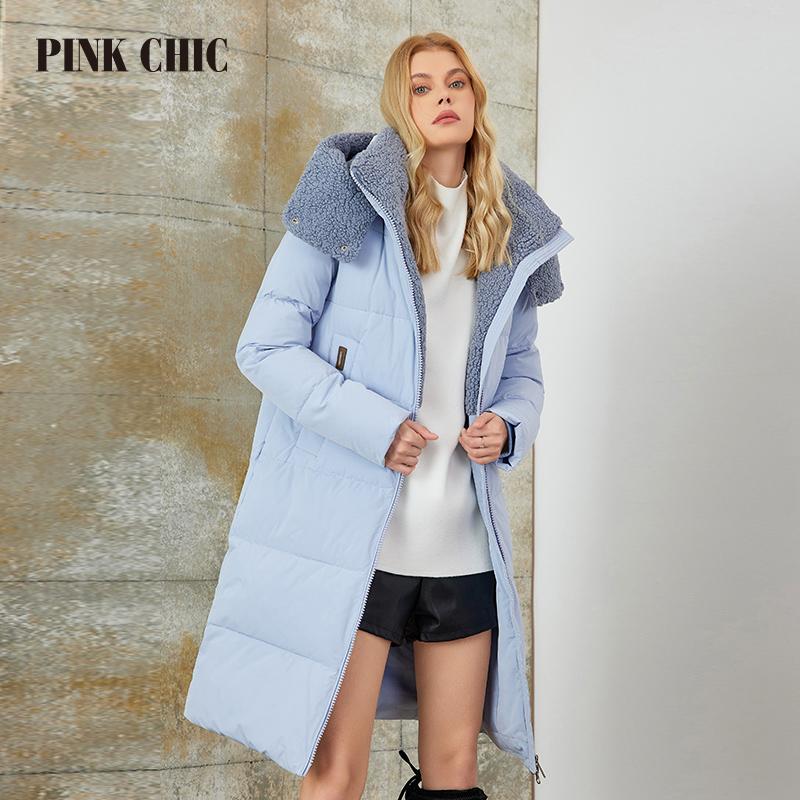 PINK CHIC 2023 New Winter Coat Women Down Jackets High Quality Fur Collar Warm Hooded Long Version Parka Female W6607