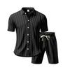 Men's Striped Jacquard Loose Short Sleeve Summer Linen Cotton Suit Shirt & Beach Shorts Two-piece Set