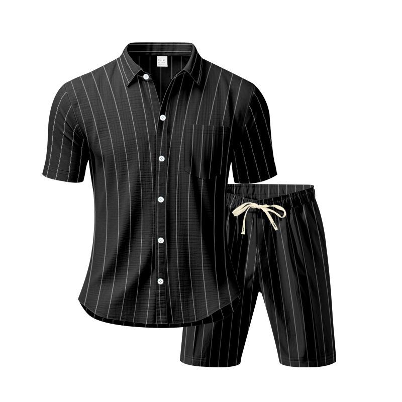 Men's Striped Jacquard Loose Short Sleeve Summer Linen Cotton Suit Shirt & Beach Shorts Two-piece Set