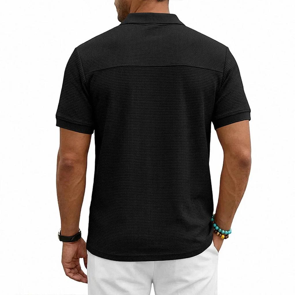Men's Breathable Waffle Knit Polo Shirt Short Sleeve Button Placket Chest Pocket Loose Fit Summer Tops
