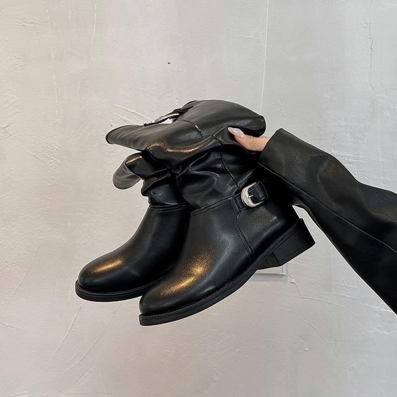 

Сапоги Лу Юйсяо в стиле ретро, коричневые ковбойские сапоги в западном стиле, новинка 2025 года, универсальные полусапоги на толстом каблуке с пряжкой на ремне 40 чёрный