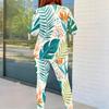 Women Plus Size Two Piece Pants Set Round Neck Long Sleeve Printed Top And Fitted Pants