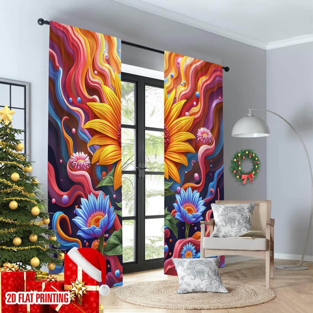 Flat Printing Scene Curtain Retro Flower Heart Swirl Digital Printed Polyester Drapes All Season Party Holiday Decor Curtains Set Of 2 Made