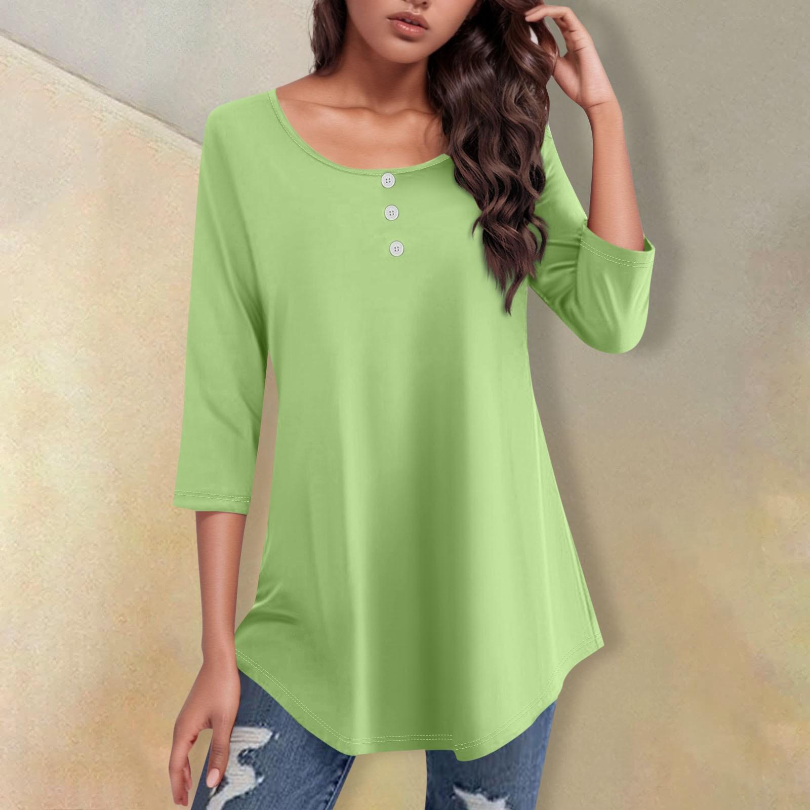 

Рубашки с рукавом 3/4 для женщин, однотонная повседневная футболка с круглым вырезом и пуговицами, топ с изогнутым краем XXL