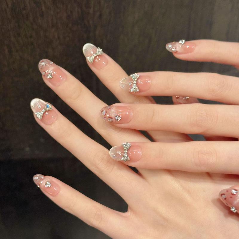 Leopard Print Heiress Cat Eye Bow False Nails - Sweet & Spicy Blush Design