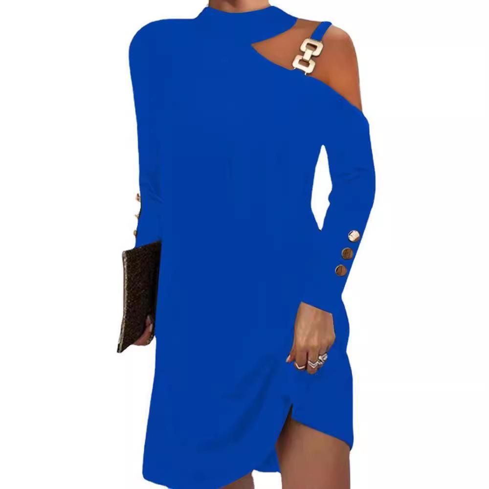 Damenkleid Langarm Etuikleid Frühling 2025 Elegant Schlicht Metallschnalle Neckholder Knopfkleid Damen Arbeits Minikleid