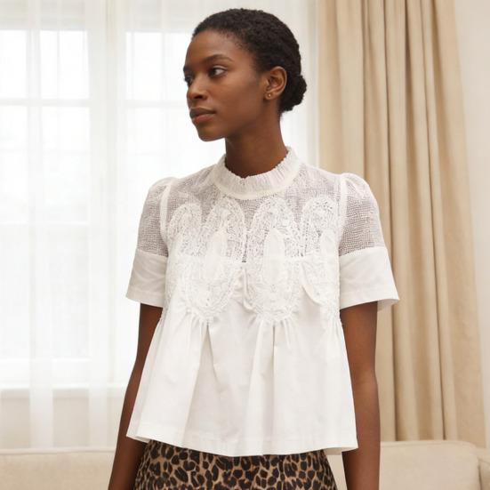 Women Tops Round Neck Short Sleeve Pure Color Pullover Tops Hollow Embroidery Mesh Yarn Loose Fit Casual Tops Daily Wear
