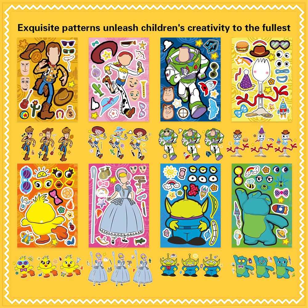 

8/16sheets Disney Toy Story Funny Puzzle Stickers Make A Face Children Game Decals Toys Assemble Jigsaw Kids Party Game Sticker 8pcs