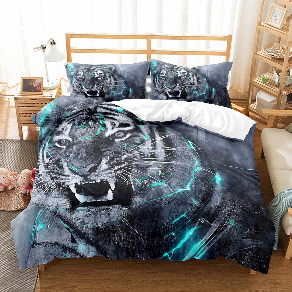 Tiger Duvet Cover Set Purple Flower Comforter Cover Boys African Safari Wild Animals Big Cat Queen King Polyester Quilt Cover