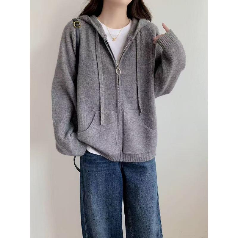 New Solid Color Lazy Wind Hooded Zipper Knitted Cardigan Casual Drawstring Sweater Thick Coat Women