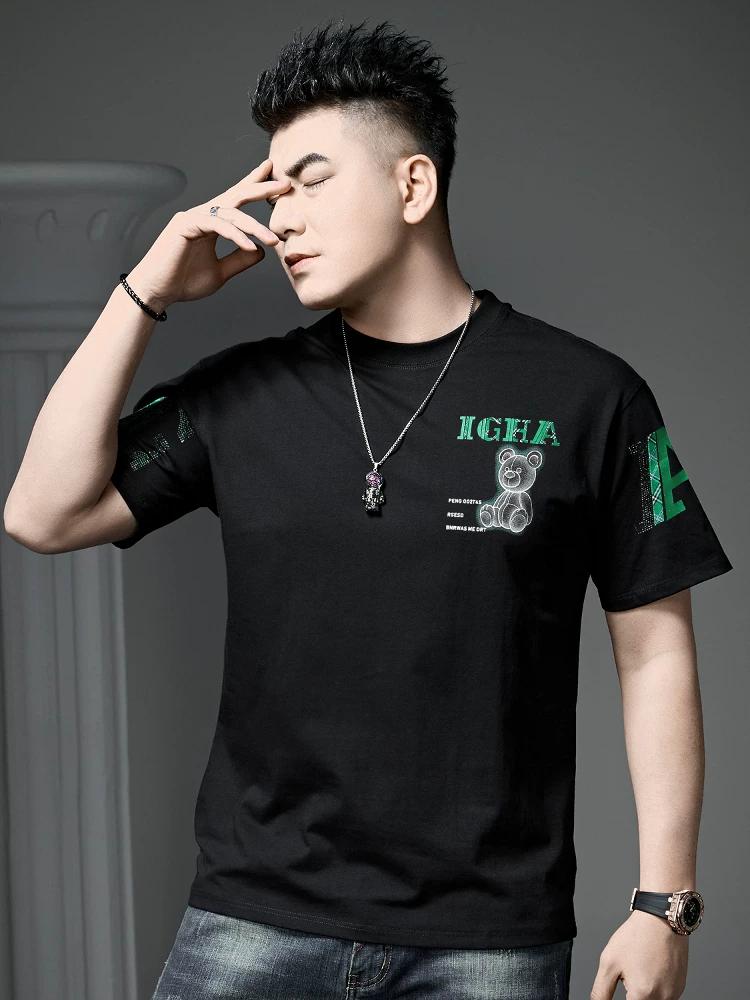 Ozhouzhan Summer New Men's Bear Hot Drilling Print Round Neck Short Sleeve T-shirt Fashion Brand Top Half Sleeve T-shirt