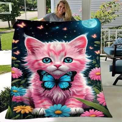 1pc Cute Cat Printing Lightweight Flannel Blanket, Comfortable and Warm Blanket, for Camping Sofa Bed and Couch Office, Gift