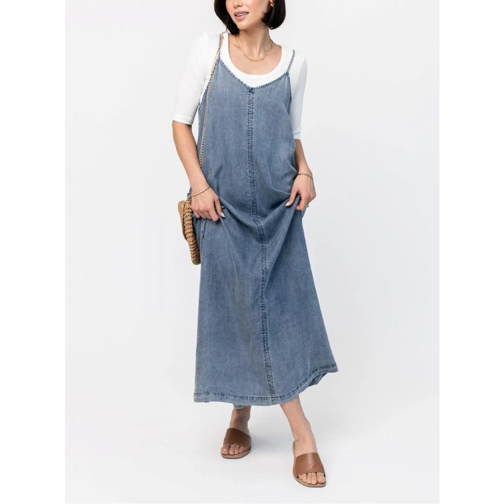 Women s Sleeveless Spaghetti Strap Maxi Denim Dress Loose Fit No Waist Solid Washed A Line Long Denim Overall Dress Summer Casual Pocket Denim Dress S