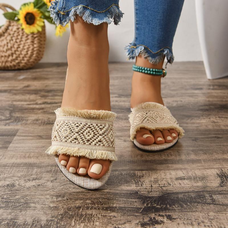 Women Summer Straw Woven Casual Slippers Outdoor Espadrille Flip-flops Fashion Flat Ladies Sandals and Slippers Large Size 36-43