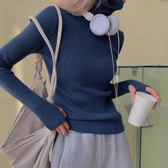 Women Sweater Turtleneck Long Sleeve Slim Fit Knitting Tops Solid Color Soft Elastic Fabric