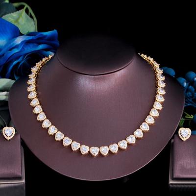 CMM Luxury Heart Shape Gold Color AAA Zirconia Choker Necklace Earrings Set