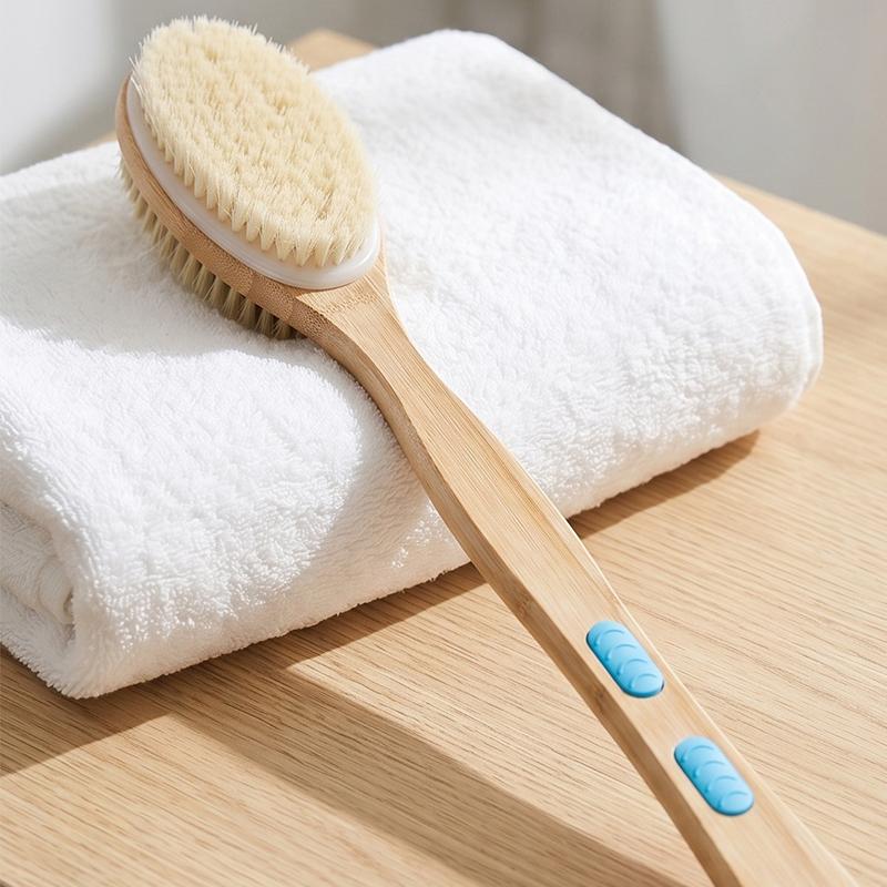 Bristle Shower Brush with Non-slip Long Wooden Handle Exfoliating Massage Scrubber for Back Foot Body Bathing