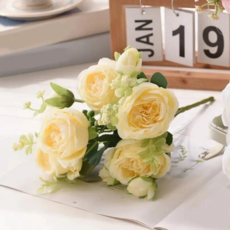 30cm Rose Pink Silk Bouquet Peony Artificial Flower 5 Big Head 4 Small Bud Bride Wedding Home Decoration Artificial Flower