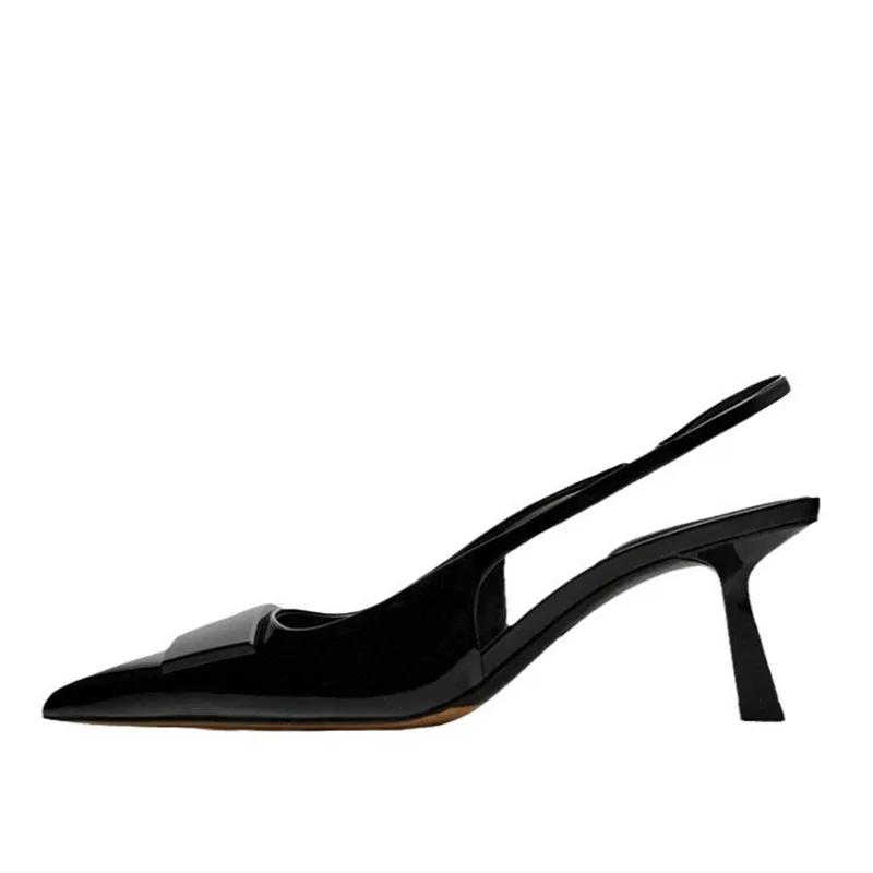 Fashion Luxury Designer Slingback Mules Heels Women Sexy Pointed Toe Patent Leather Thin Heeled Sandals Comfortable Elegant Office Shoes