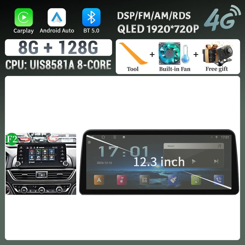 Android 14 12.3inch Screen For Honda Accord 10 2018 2019 2020 2022 Car Radio Multimedia Navigation 4G Wireless BT CarPlay Stereo