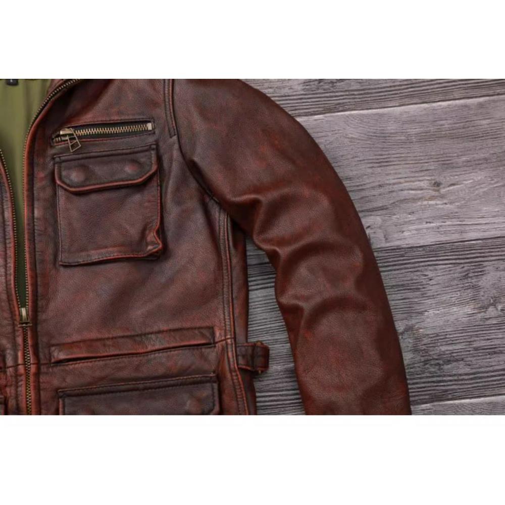 Chinese Size Vintage Red Brown Men Leather Jacket M65 Hunting Flight Jacket Genuine Cowhide Coat Autumn
