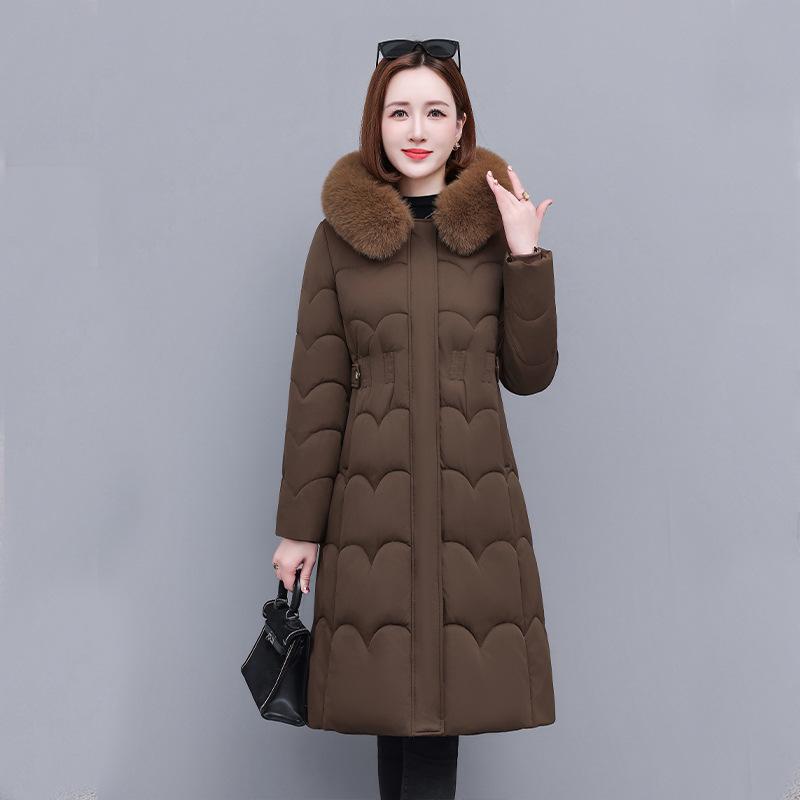 Big fur collar cotton-padded clothes for women's long styles over the knee, winter new loose waist cotton-padded jackets, thickened cotton-padded