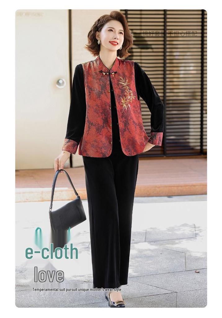 Women's Spring 2026 Three-Piece Suit: Elegant Vest, Long-Sleeved Shirt, Wide-Leg Pants for Middle-Aged and Elderly Mothers.