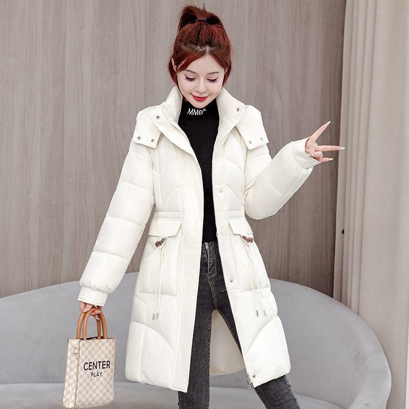 Damen Winter Schlank geschnittener Mittellanger Daunenmantel Dicke Warme Baumwoll-Pufferjacke mit Taillenraffung