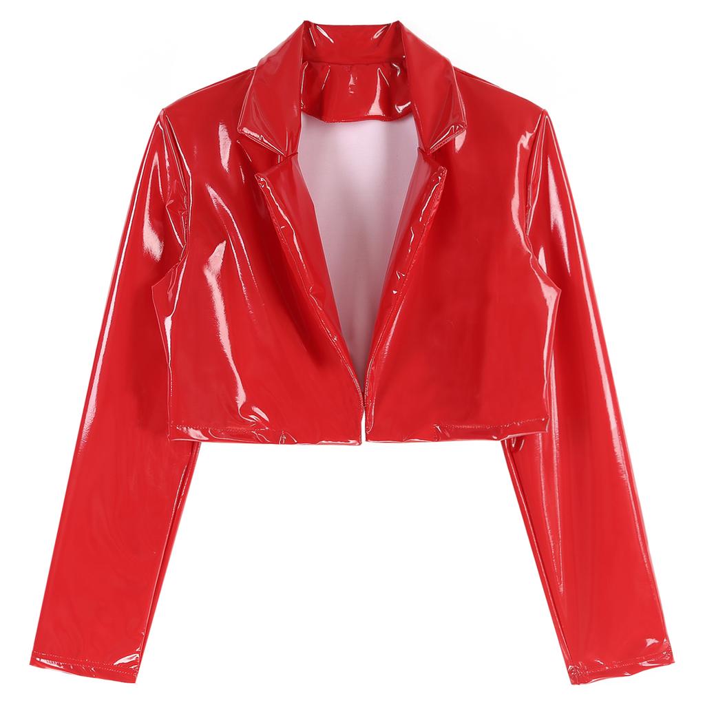 Mens Cropped Motorcycle Jacket Patent Leather Wet Look Long Sleeve Club Party Coat Streetwear