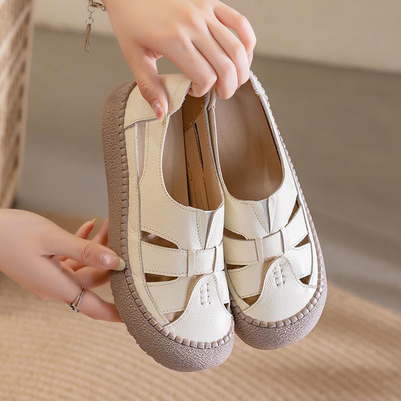 Women's sandals retro Roman style hollow shoes leather breathable non-slip medium platform casual child