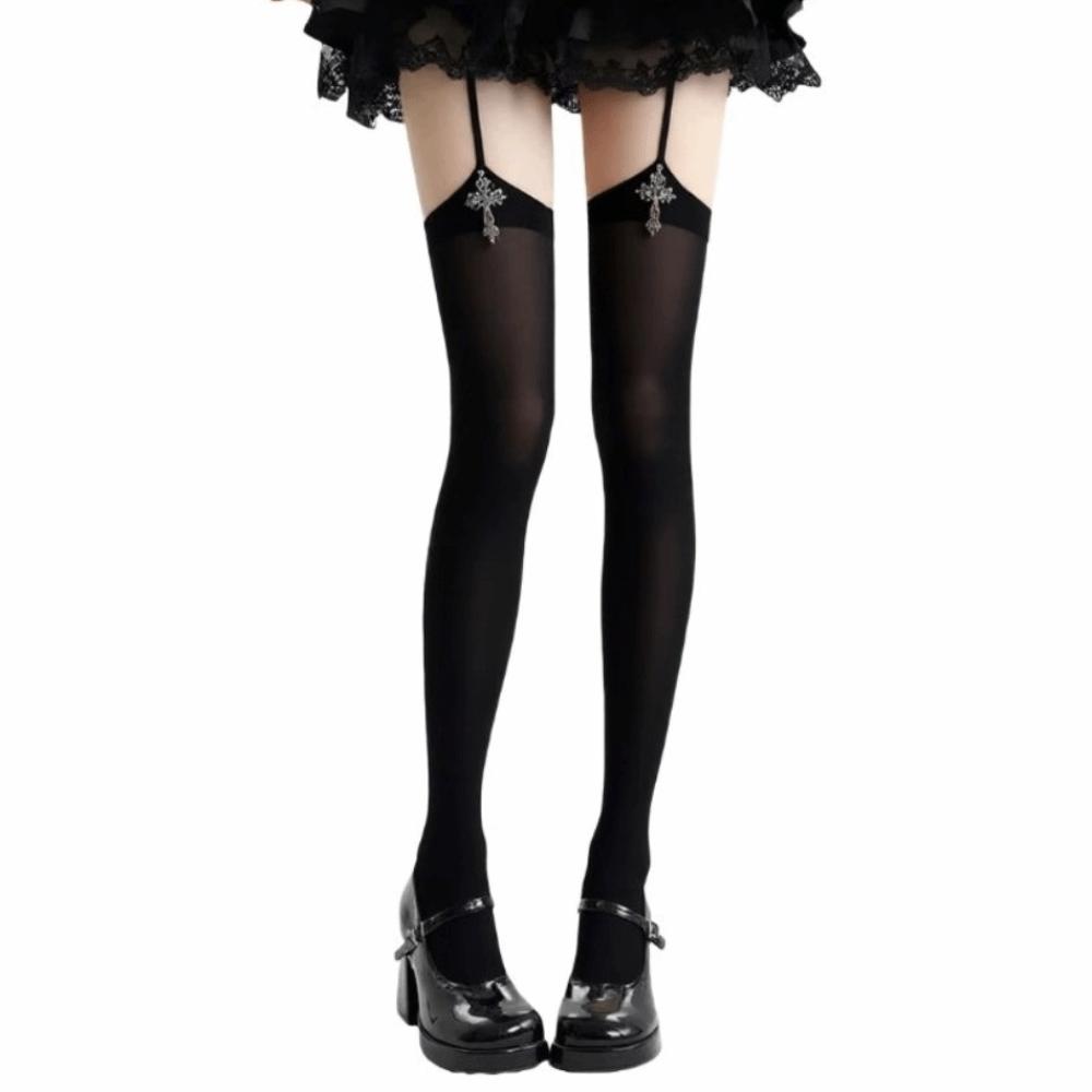 

Personality Thin Gothic Cross Suspender Socks 3D Cross Lolita Over Knee Stockings Y2K Women Stockings Women Wear One Size чёрный