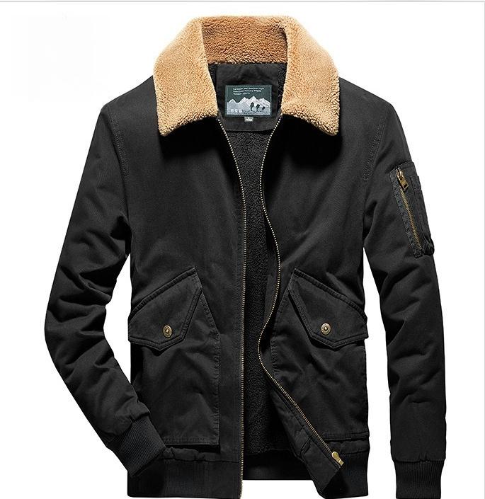 Men's Winter Fleece Lined Bomber Jacket - Thick Warm Zippered with Faux Shearling Collar and Pockets