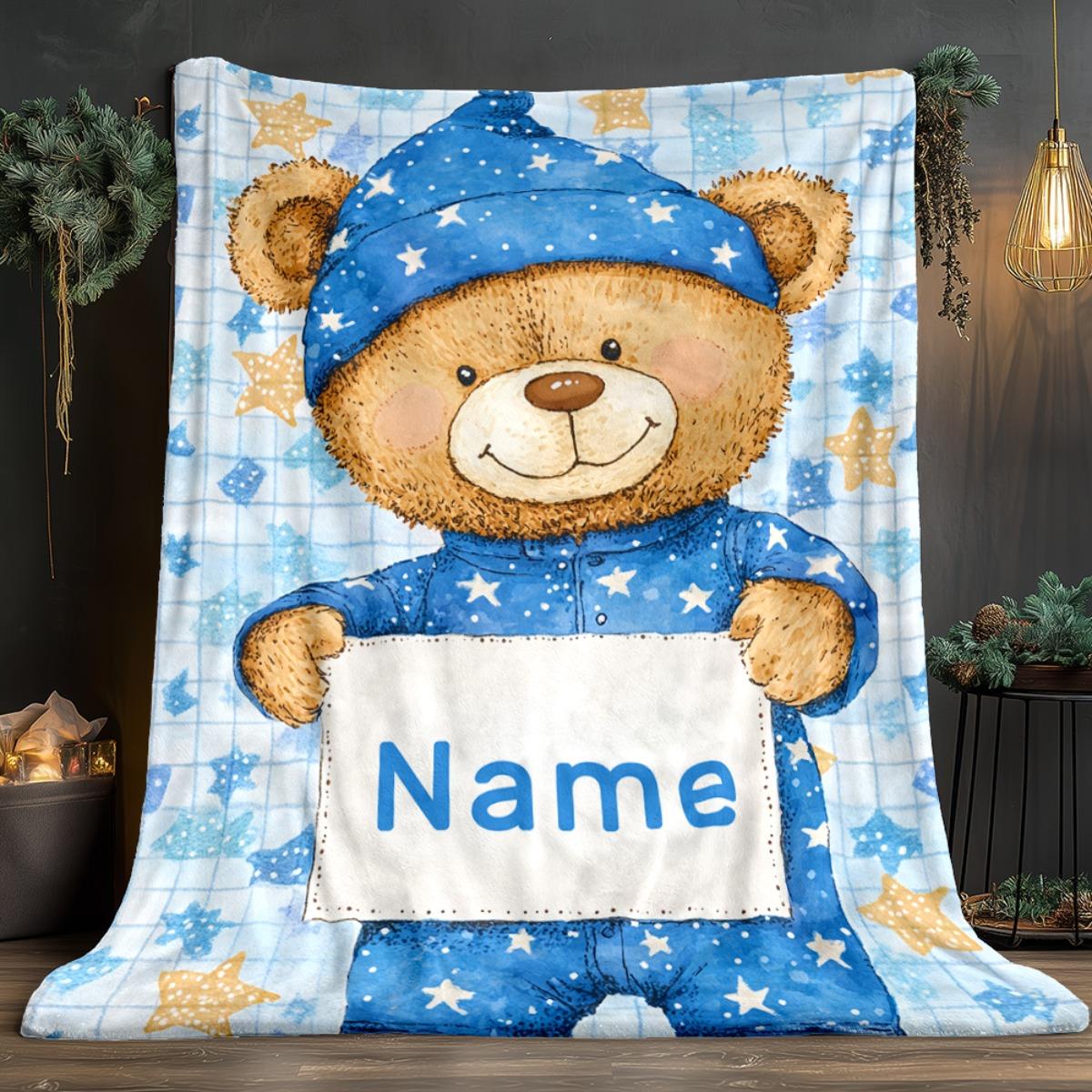 Couverture Bleue Ours Personnalisée Nom Pyjama Étoiles Polaire Jeté Cadeau Enfants Douce Chaude Toutes Saisons Décor 150x200cm59x79in