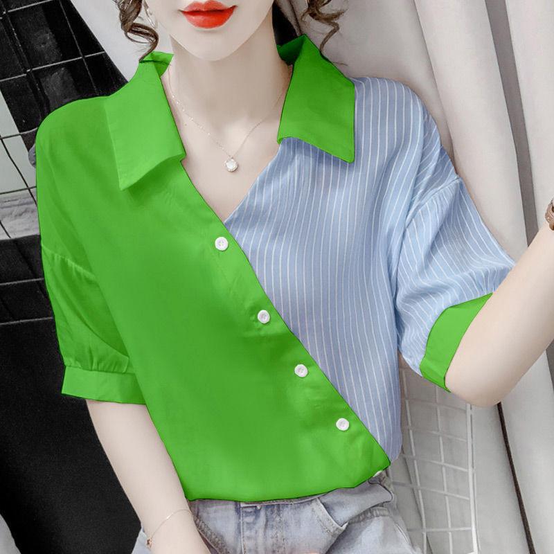 Striped Shirt Women Contrast Color Casual Blouse Female Lapel Shorts Sleeve Chic Shirts Ladies Fashion Loose Office Shirt