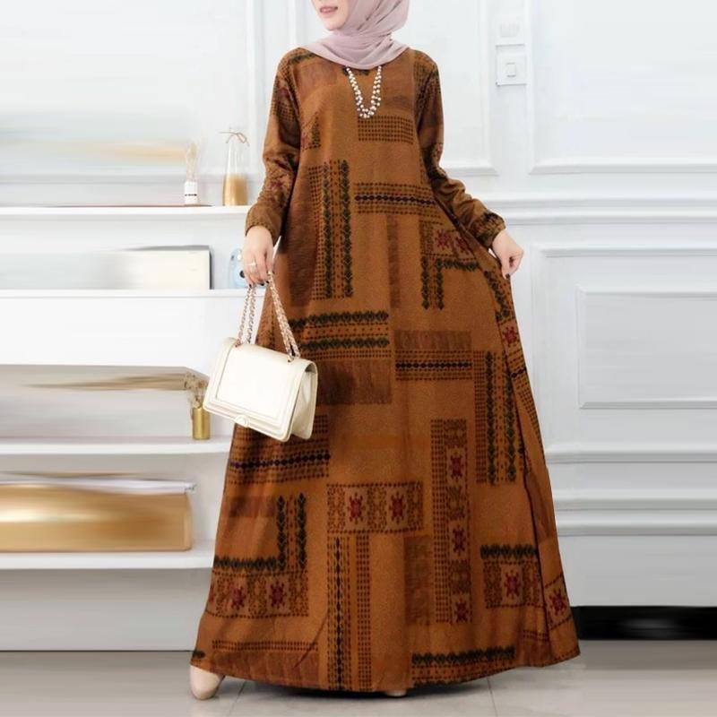 

ZANZEA Женское платье с ретро-принтом, свободного кроя, повседневное, с круглым вырезом и длинными рукавами L коричневый