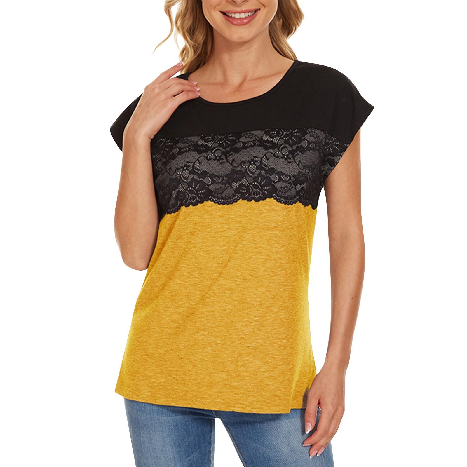

New Fashionable And Sexy Women s Trend Lace Patchwork Top With Short Sleeves S жовтий