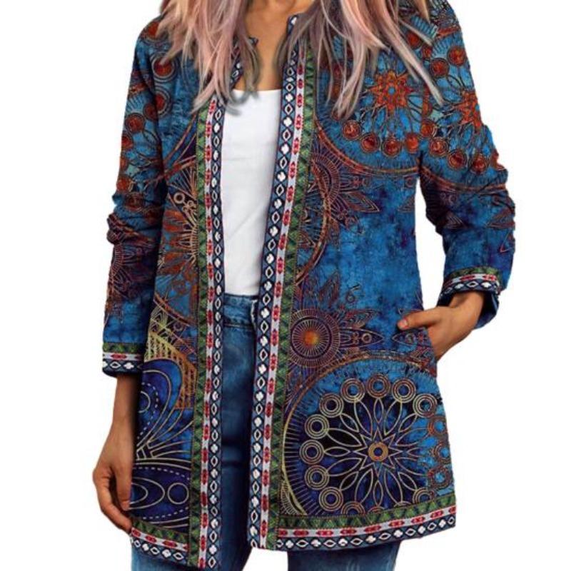 Cardigan Vintage U Neck Flower Print Rich Colors Long Sleeves Pockets Colorfast Loose Ethnic Open