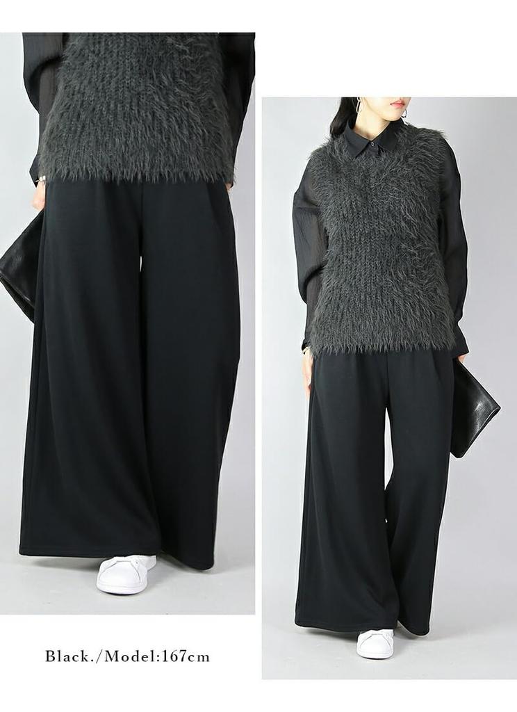 Andit Flared Pants with Fleece Soft and Elastic Size 51 Black Women's Wide-Leg Skirt-Style Lining, Warm, Waist, F,