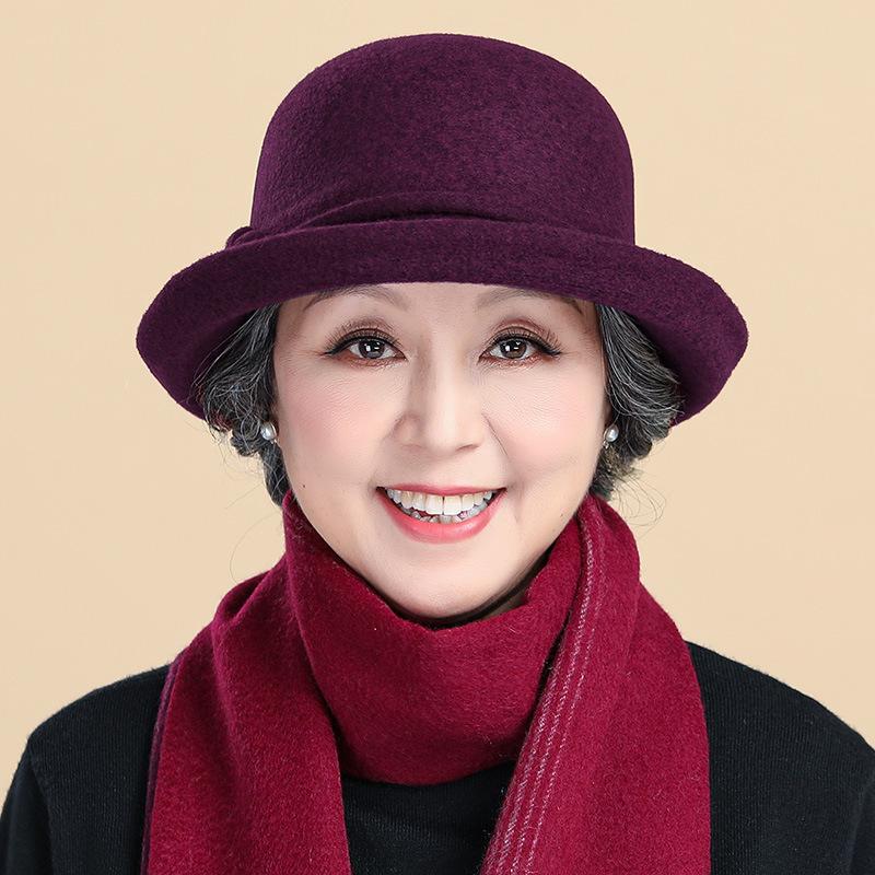 Hat Women's Autumn and Winter Versatile Middle and Old Hat Wool Elegant Flower Pot Hat Retro Curled Top Hat